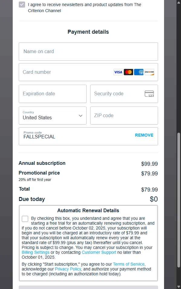 The Criterion Channel checkout page showing The Criterion Channel promo code box | Screenshot taken by SimplyCodes community member on Sep 25, 2025