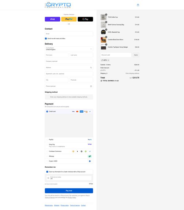 The Crypto Merchant checkout page showing The Crypto Merchant discount code box | Screenshot taken by SimplyCodes community member on Sep 8, 2025