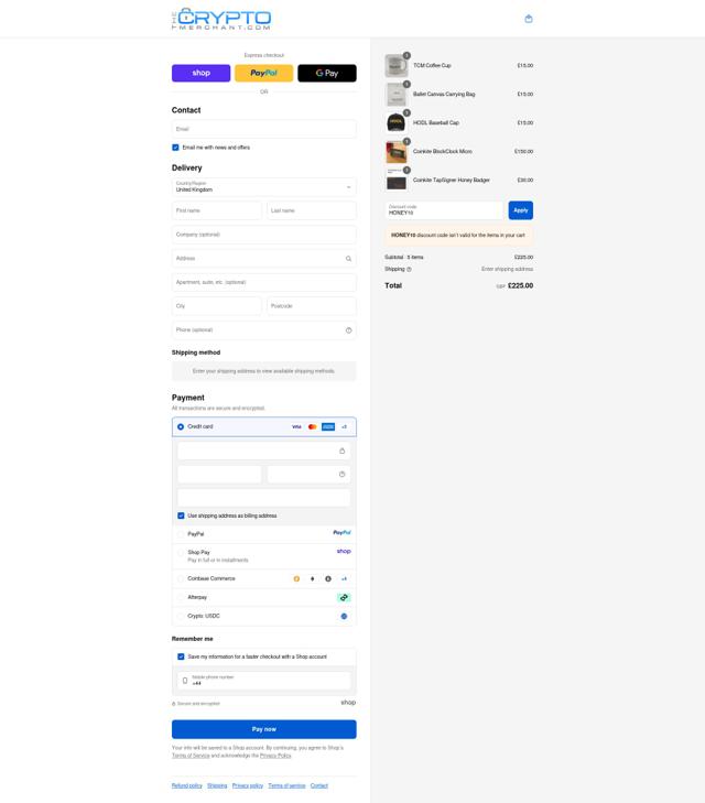 The Crypto Merchant checkout page showing The Crypto Merchant discount code box | Screenshot taken by SimplyCodes community member on Sep 12, 2025
