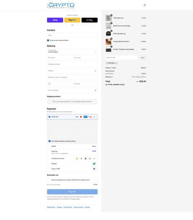 The Crypto Merchant checkout page showing The Crypto Merchant discount code box | Screenshot taken by SimplyCodes community member on Sep 8, 2025
