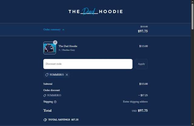 The Dad Hoodie checkout page showing The Dad Hoodie discount code box | Screenshot taken by SimplyCodes community member on May 6, 2025