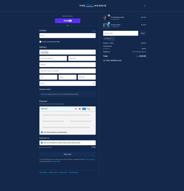 The Dad Hoodie checkout page showing The Dad Hoodie discount code box | Screenshot taken by SimplyCodes community member on Jan 14, 2025