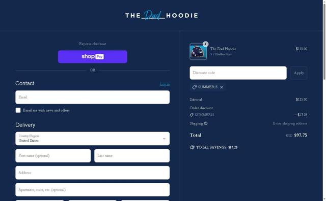 The Dad Hoodie checkout page showing The Dad Hoodie discount code box | Screenshot taken by SimplyCodes community member on May 6, 2025