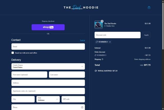 The Dad Hoodie checkout page showing The Dad Hoodie discount code box | Screenshot taken by SimplyCodes community member on May 6, 2025
