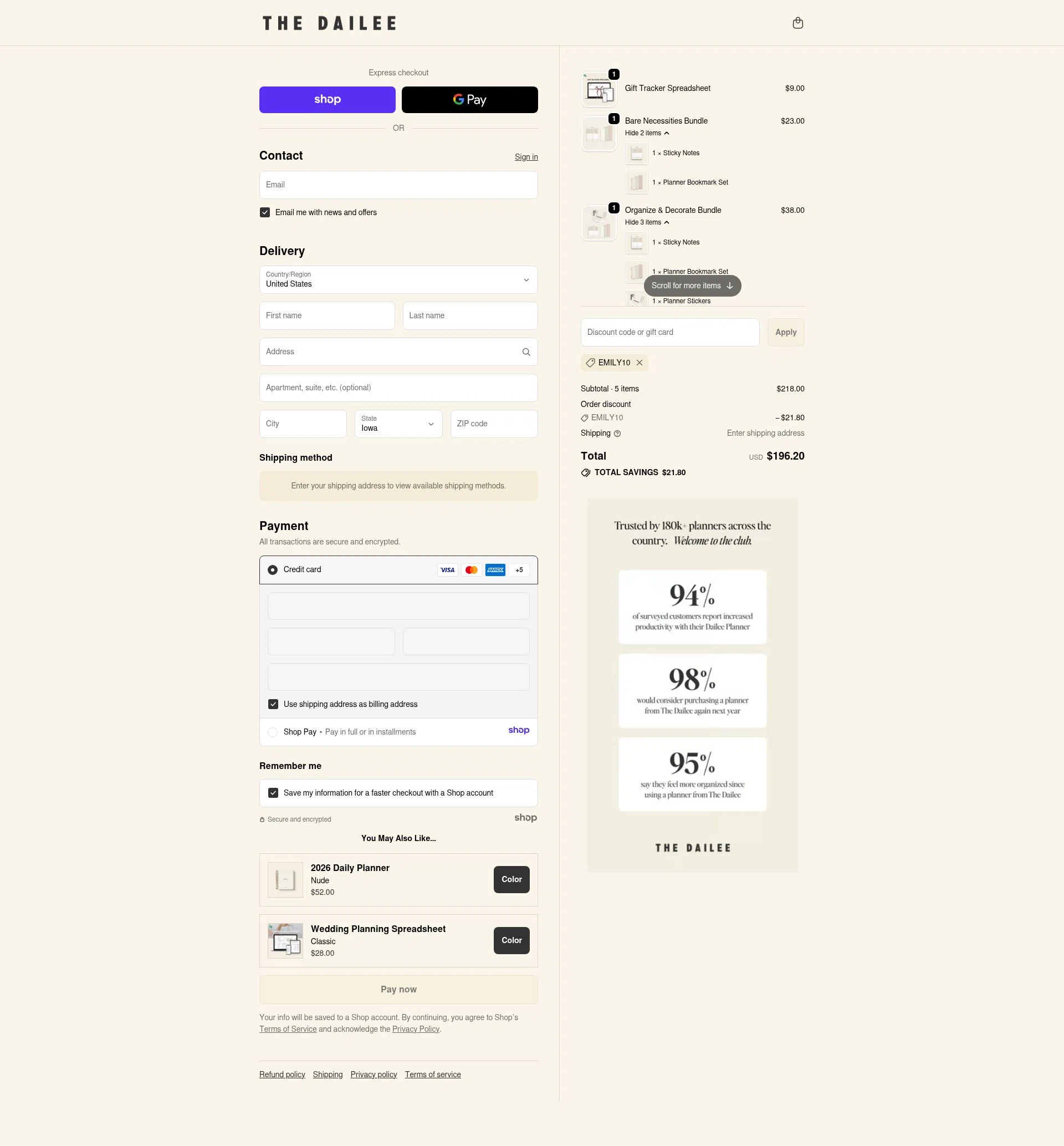 The Dailee checkout page showing The Dailee discount code box | Screenshot taken by SimplyCodes community member on Nov 15, 2025