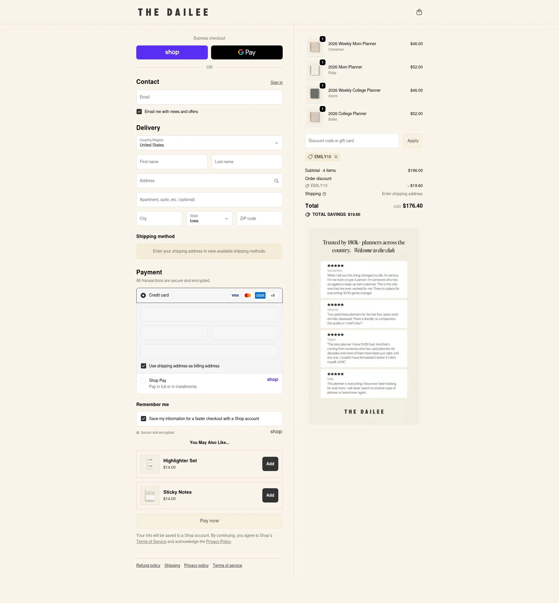 The Dailee checkout page showing The Dailee discount code box | Screenshot taken by SimplyCodes community member on Oct 15, 2025