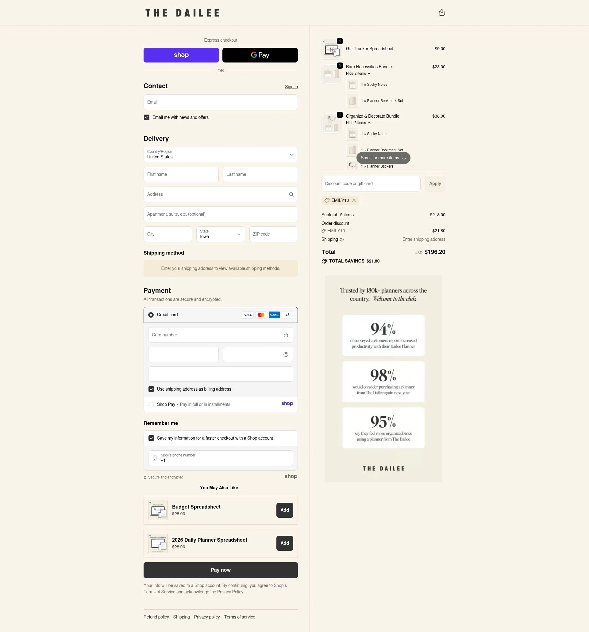 The Dailee checkout page showing The Dailee discount code box | Screenshot taken by SimplyCodes community member on Nov 21, 2025