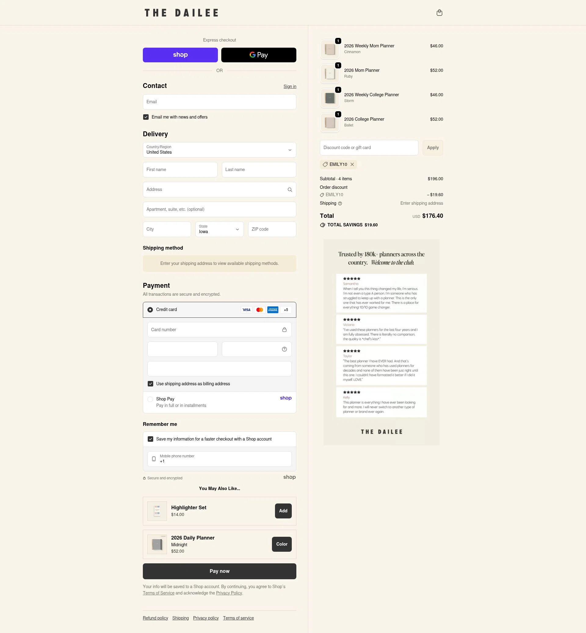 The Dailee checkout page showing The Dailee discount code box | Screenshot taken by SimplyCodes community member on Oct 11, 2025