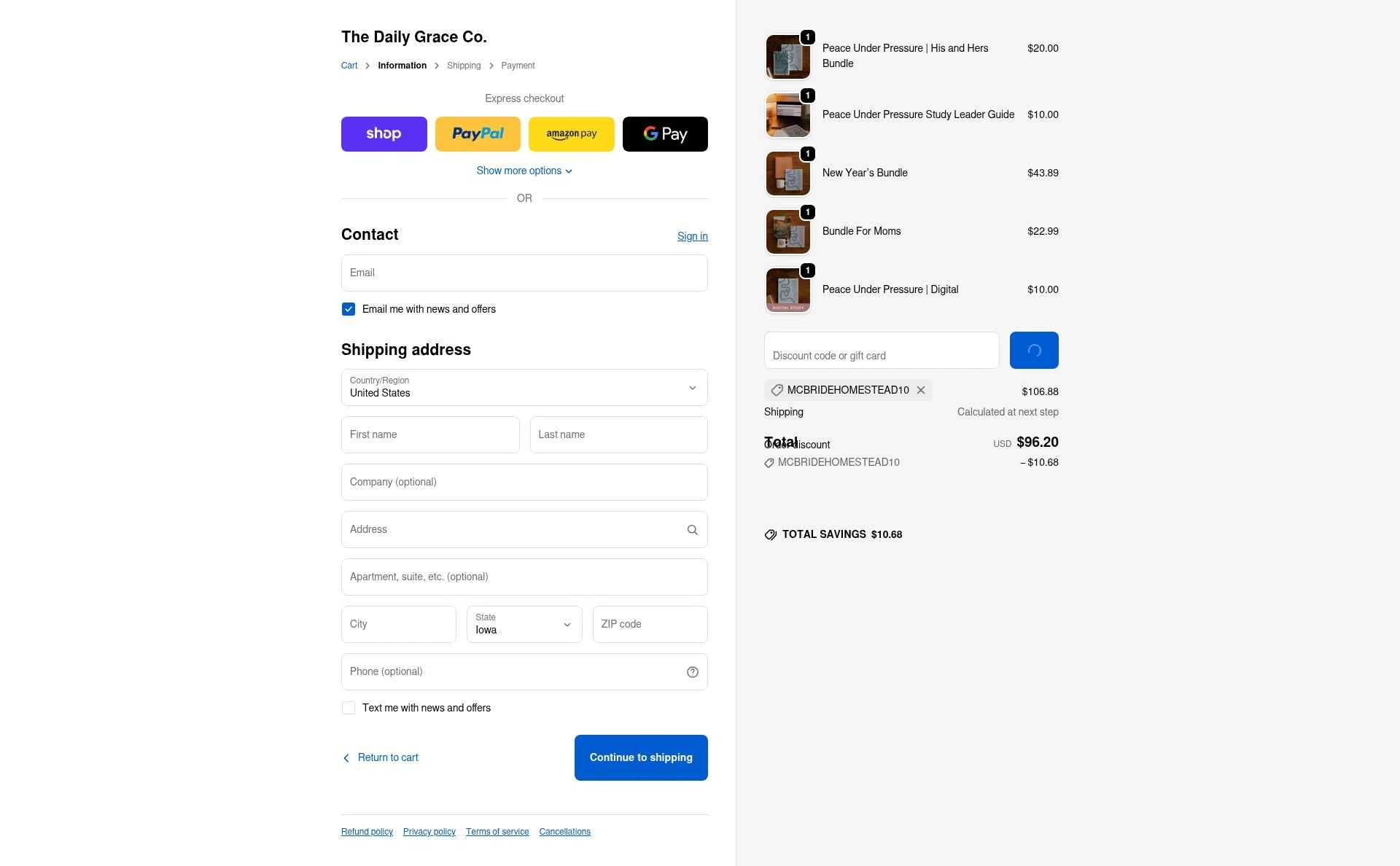 The Daily Grace checkout page showing The Daily Grace discount code box | Screenshot taken by SimplyCodes community member on Feb 5, 2026