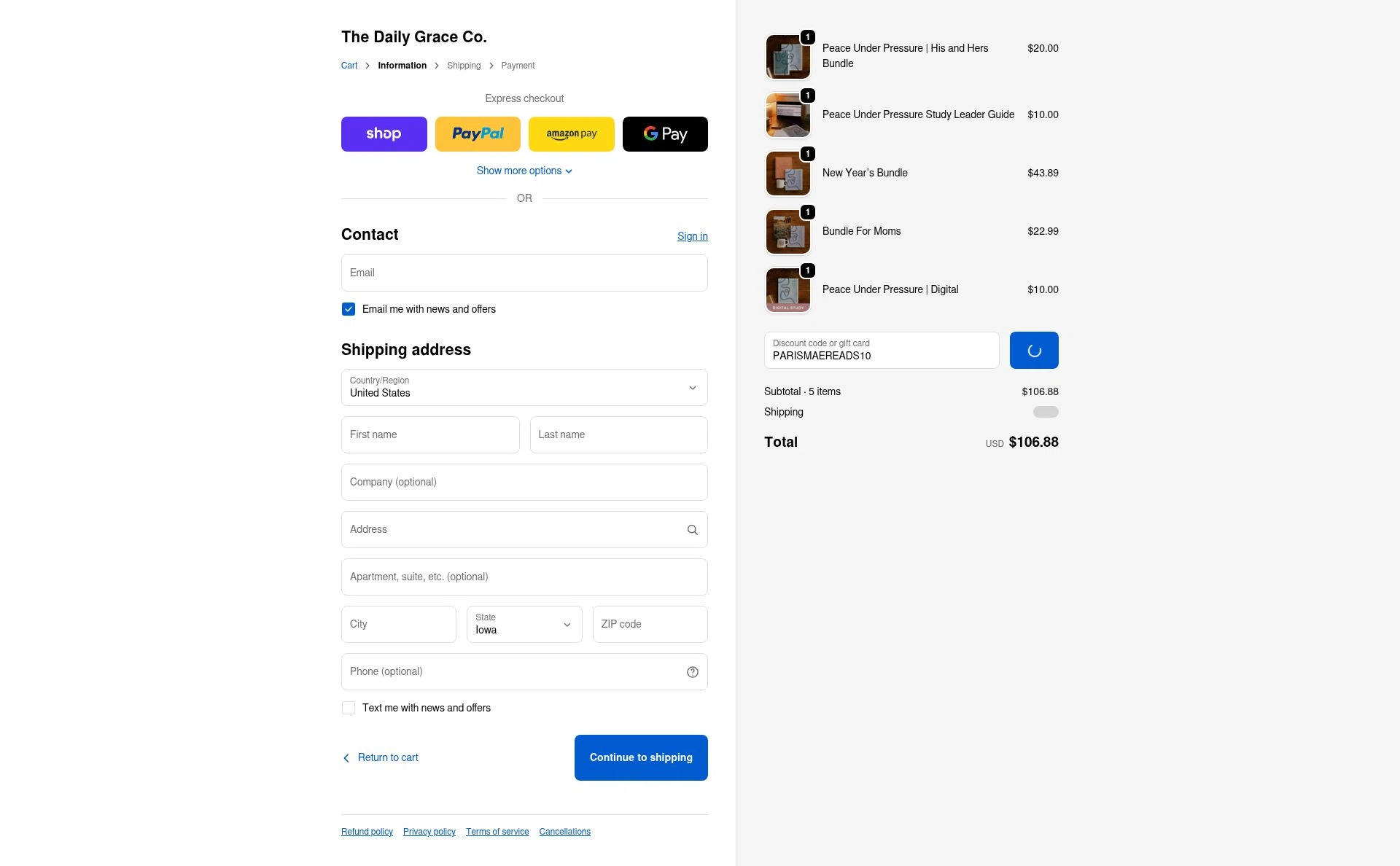 The Daily Grace checkout page showing The Daily Grace discount code box | Screenshot taken by SimplyCodes community member on Feb 5, 2026