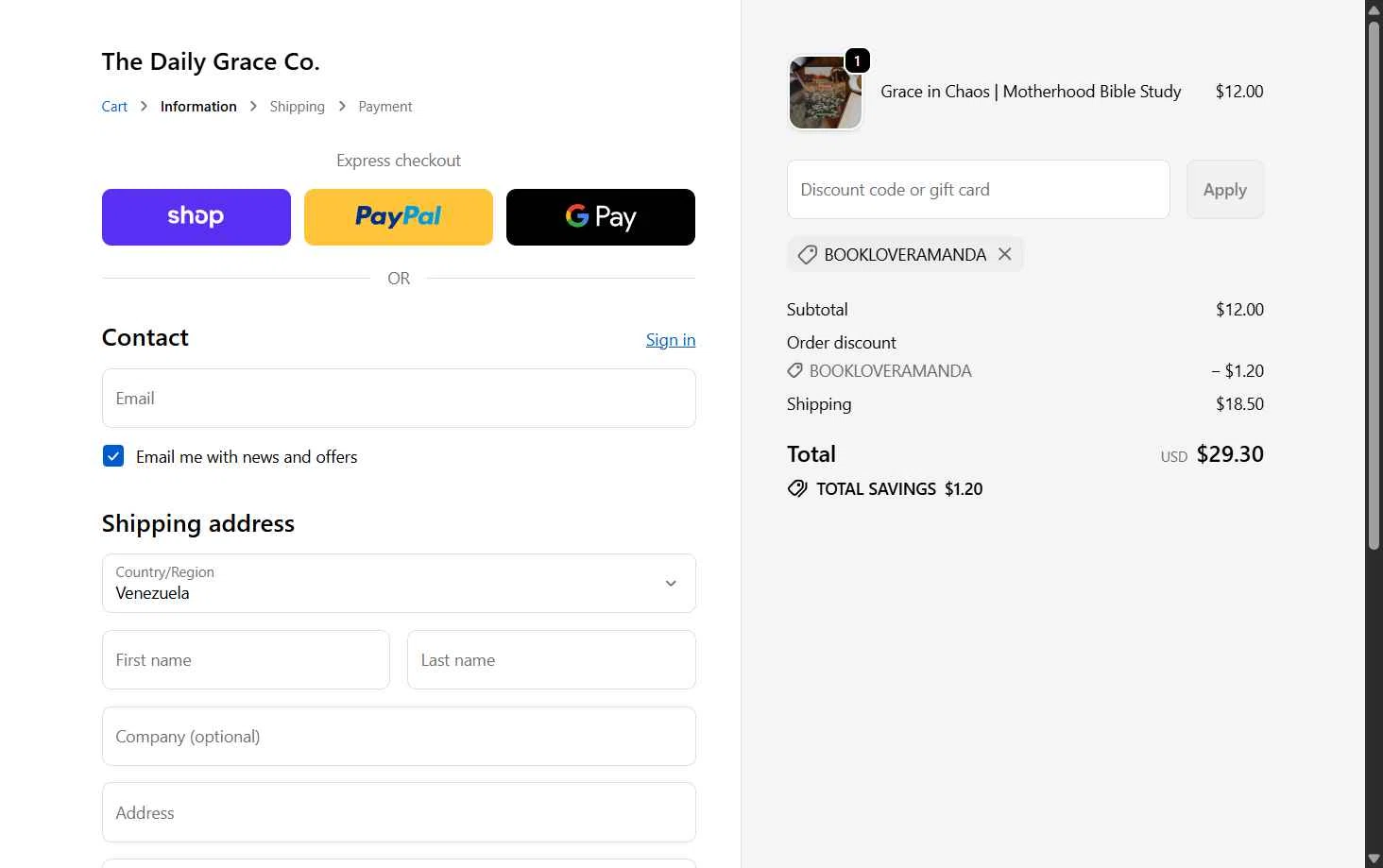 The Daily Grace checkout page showing The Daily Grace discount code box | Screenshot taken by SimplyCodes community member on Feb 7, 2026