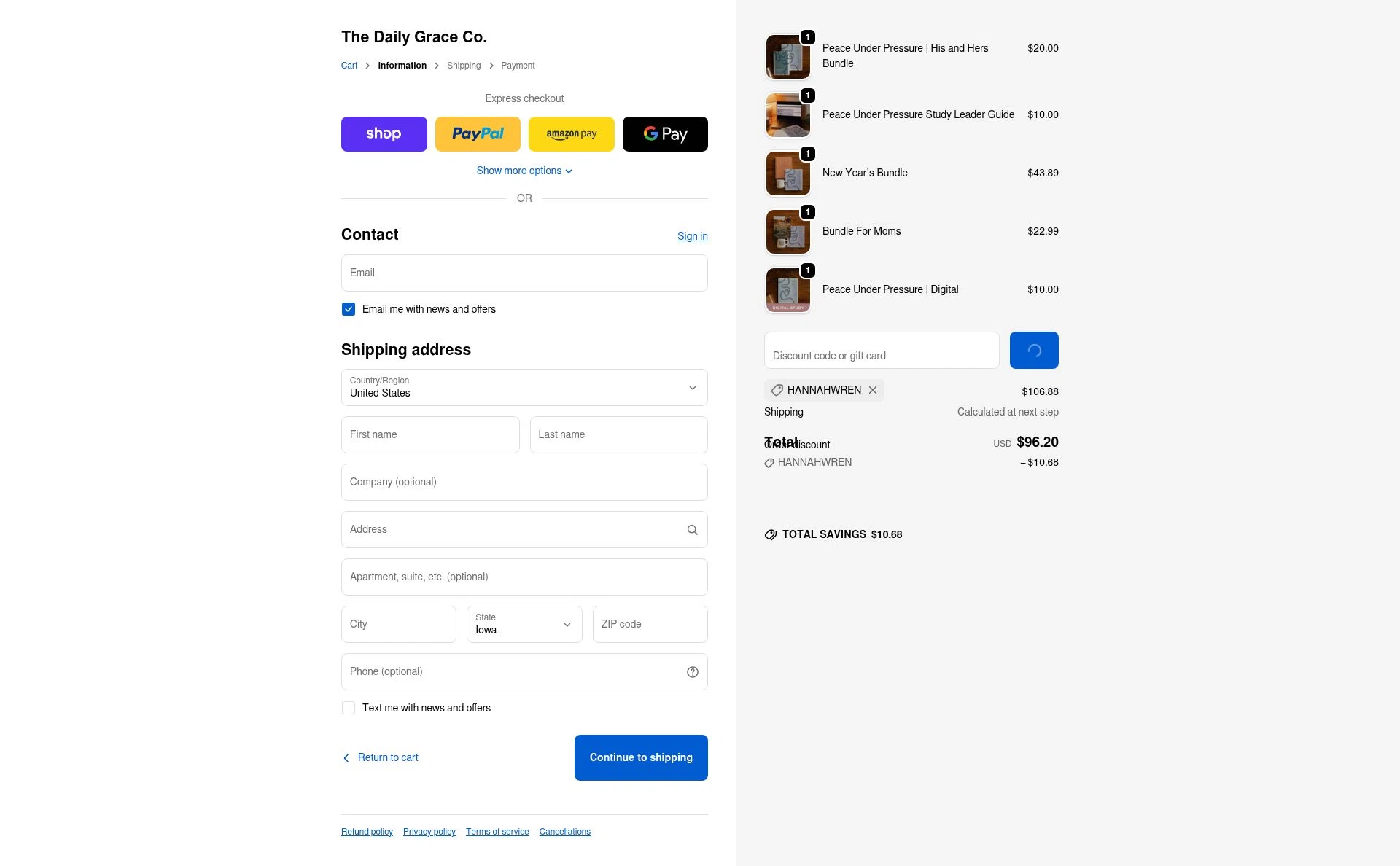 The Daily Grace checkout page showing The Daily Grace discount code box | Screenshot taken by SimplyCodes community member on Feb 5, 2026