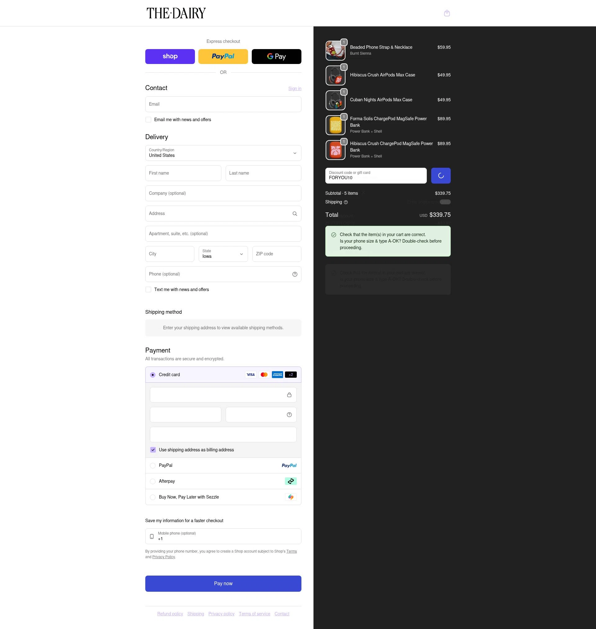 The Dairy checkout page showing The Dairy discount code box | Screenshot taken by SimplyCodes community member on Feb 8, 2026