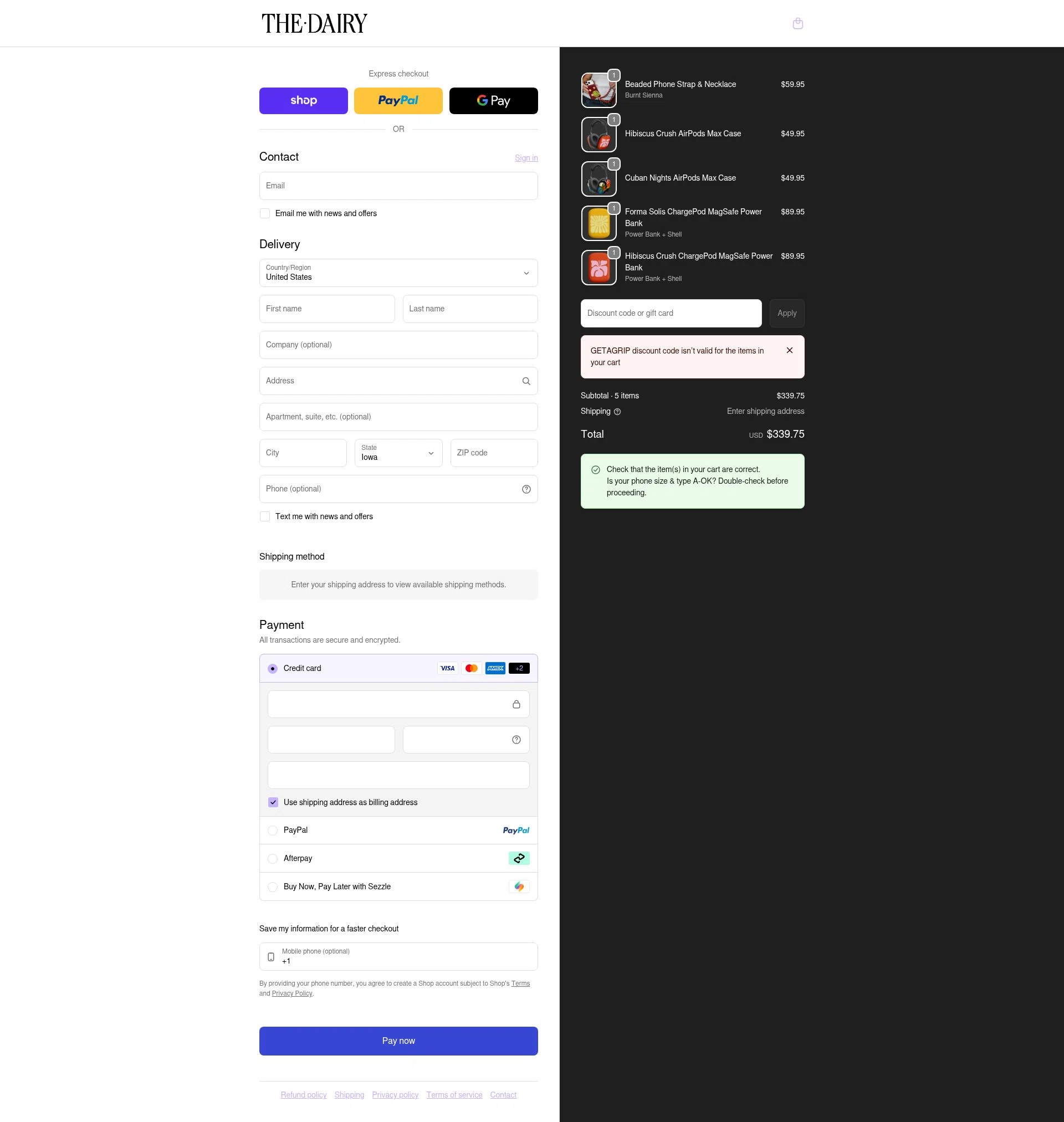 The Dairy checkout page showing The Dairy discount code box | Screenshot taken by SimplyCodes community member on Feb 8, 2026