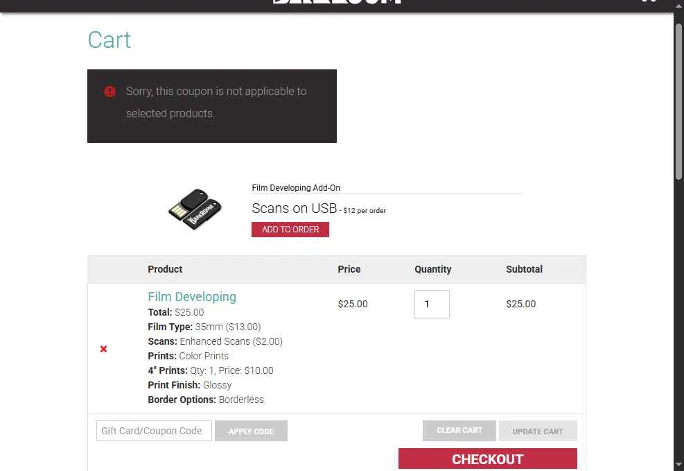 The Darkroom checkout page showing The Darkroom coupon code box | Screenshot taken by SimplyCodes community member on Oct 12, 2025