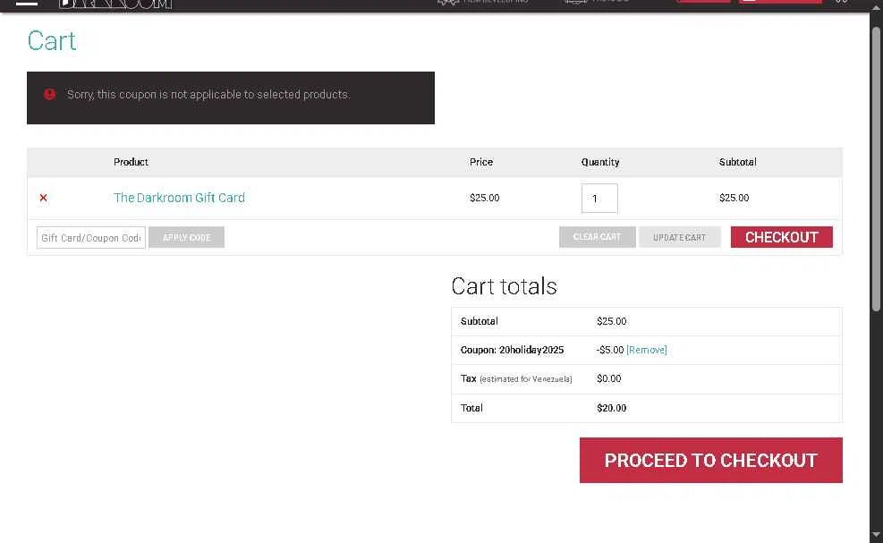 The Darkroom checkout page showing The Darkroom coupon code box | Screenshot taken by SimplyCodes community member on Nov 24, 2025