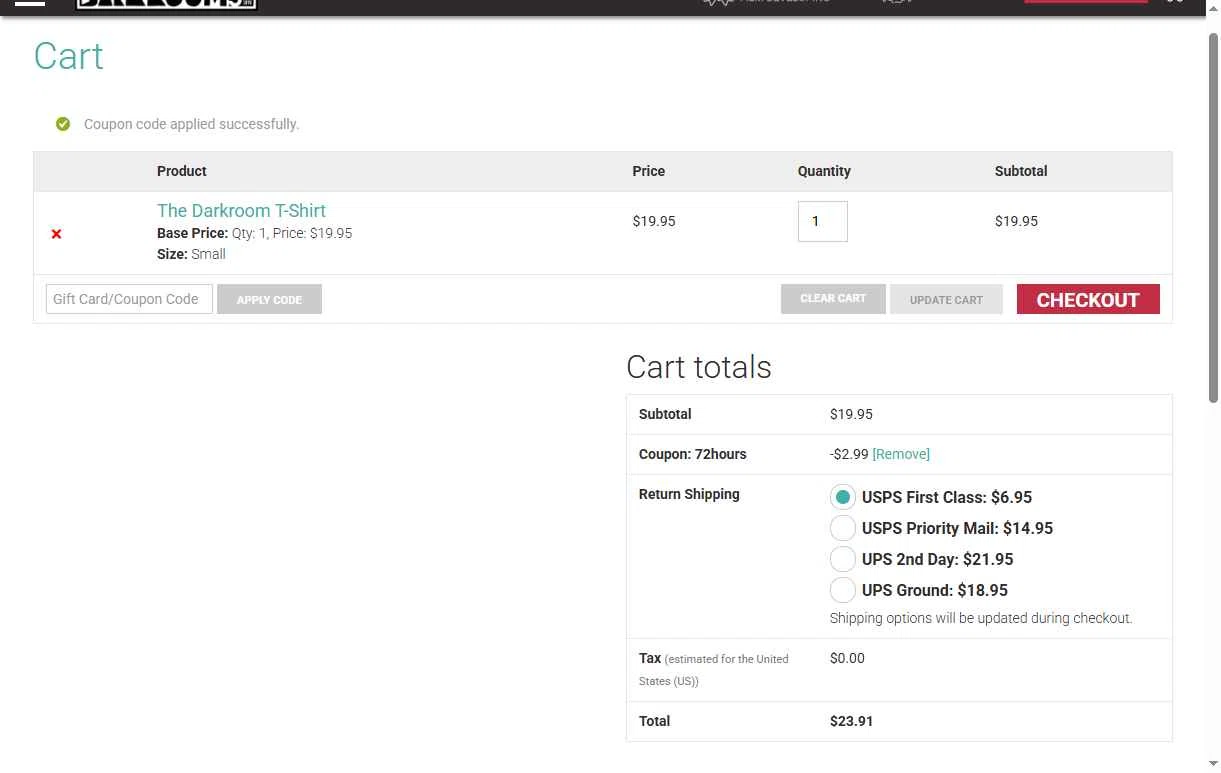 The Darkroom checkout page showing The Darkroom coupon code box | Screenshot taken by SimplyCodes community member on Jan 10, 2026