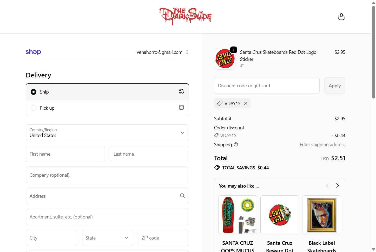 The Dark Slide checkout page showing The Dark Slide discount code box | Screenshot taken by SimplyCodes community member on Feb 13, 2026