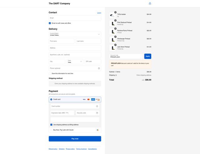 The Dart checkout page showing The Dart discount code box | Screenshot taken by SimplyCodes community member on Aug 15, 2025