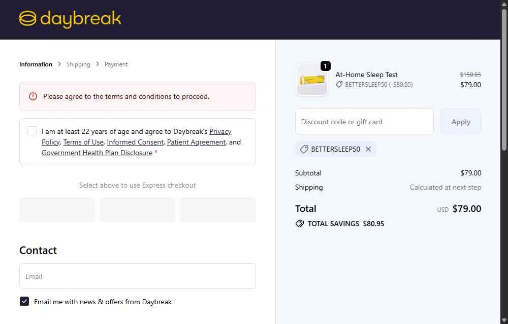 The Daybreak checkout page showing The Daybreak promo code box | Screenshot taken by SimplyCodes community member on Dec 31, 2025