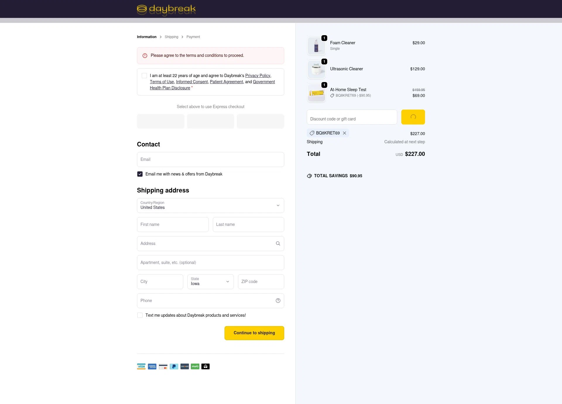 The Daybreak checkout page showing The Daybreak promo code box | Screenshot taken by SimplyCodes community member on Jan 6, 2026