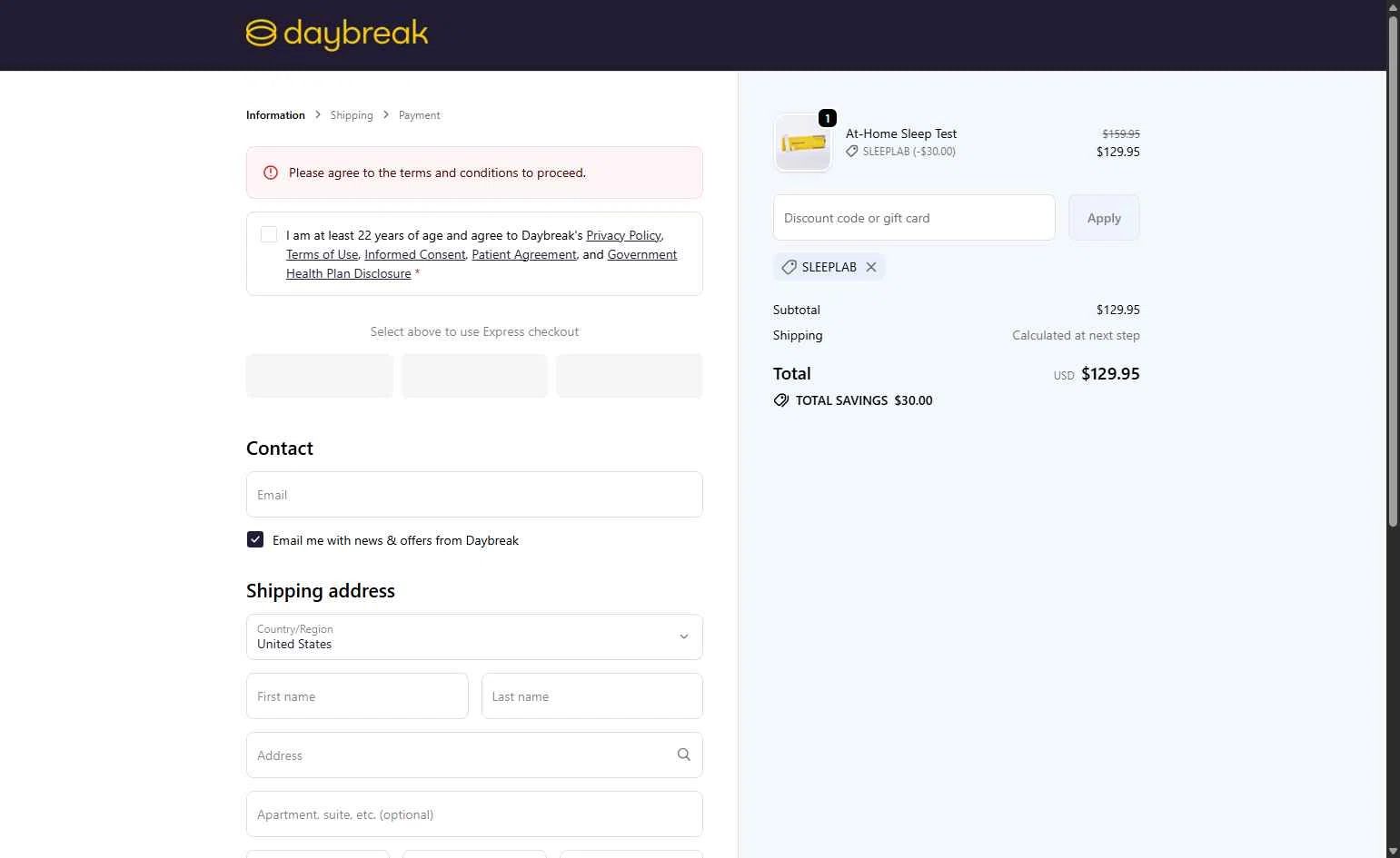 The Daybreak checkout page showing The Daybreak promo code box | Screenshot taken by SimplyCodes community member on Jan 2, 2026