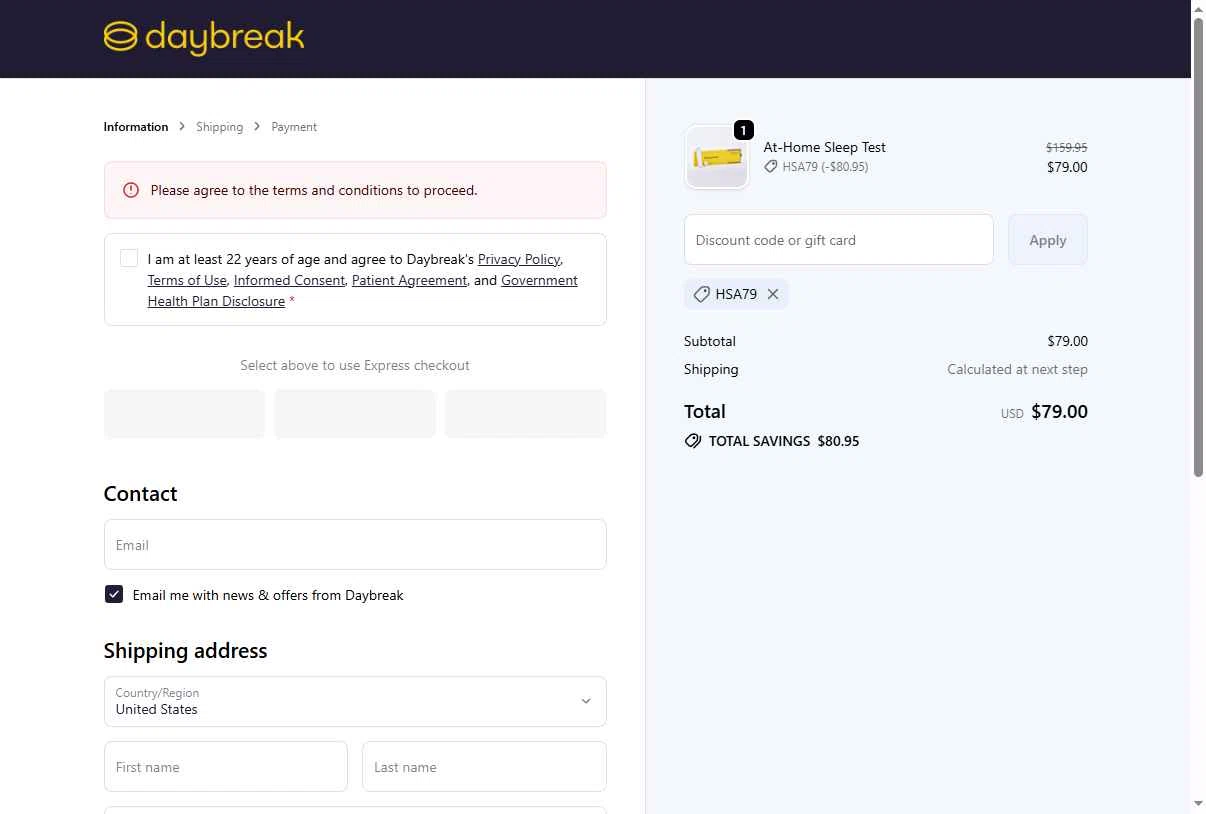 The Daybreak checkout page showing The Daybreak promo code box | Screenshot taken by SimplyCodes community member on Dec 20, 2025
