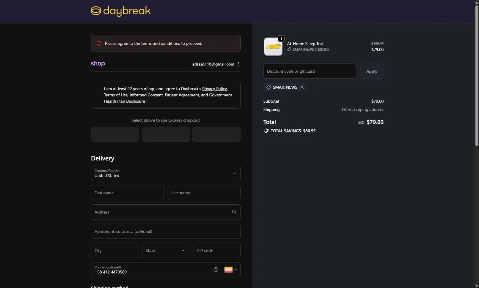 The Daybreak checkout page showing The Daybreak promo code box | Screenshot taken by SimplyCodes community member on Dec 31, 2025