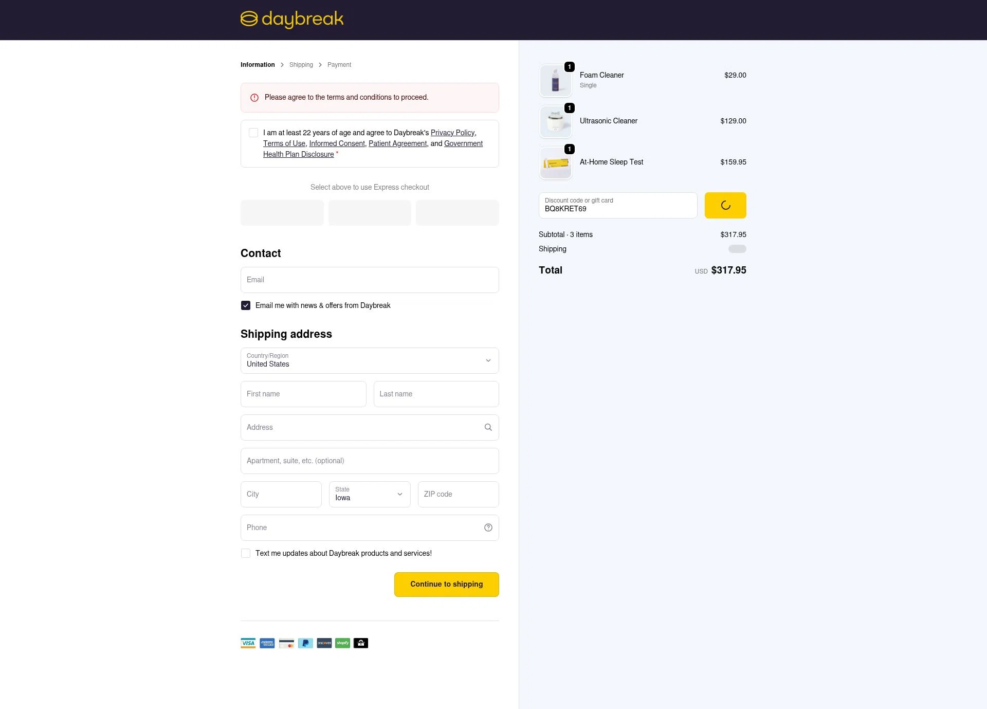 The Daybreak checkout page showing The Daybreak promo code box | Screenshot taken by SimplyCodes community member on Jan 2, 2026