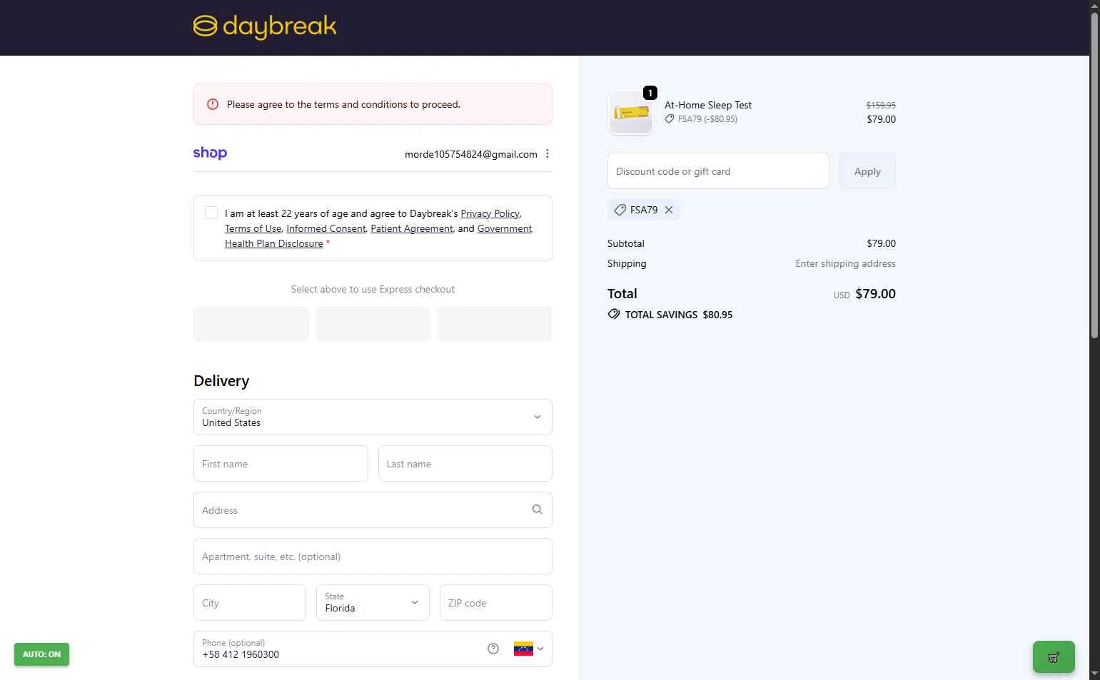 The Daybreak checkout page showing The Daybreak promo code box | Screenshot taken by SimplyCodes community member on Dec 29, 2025
