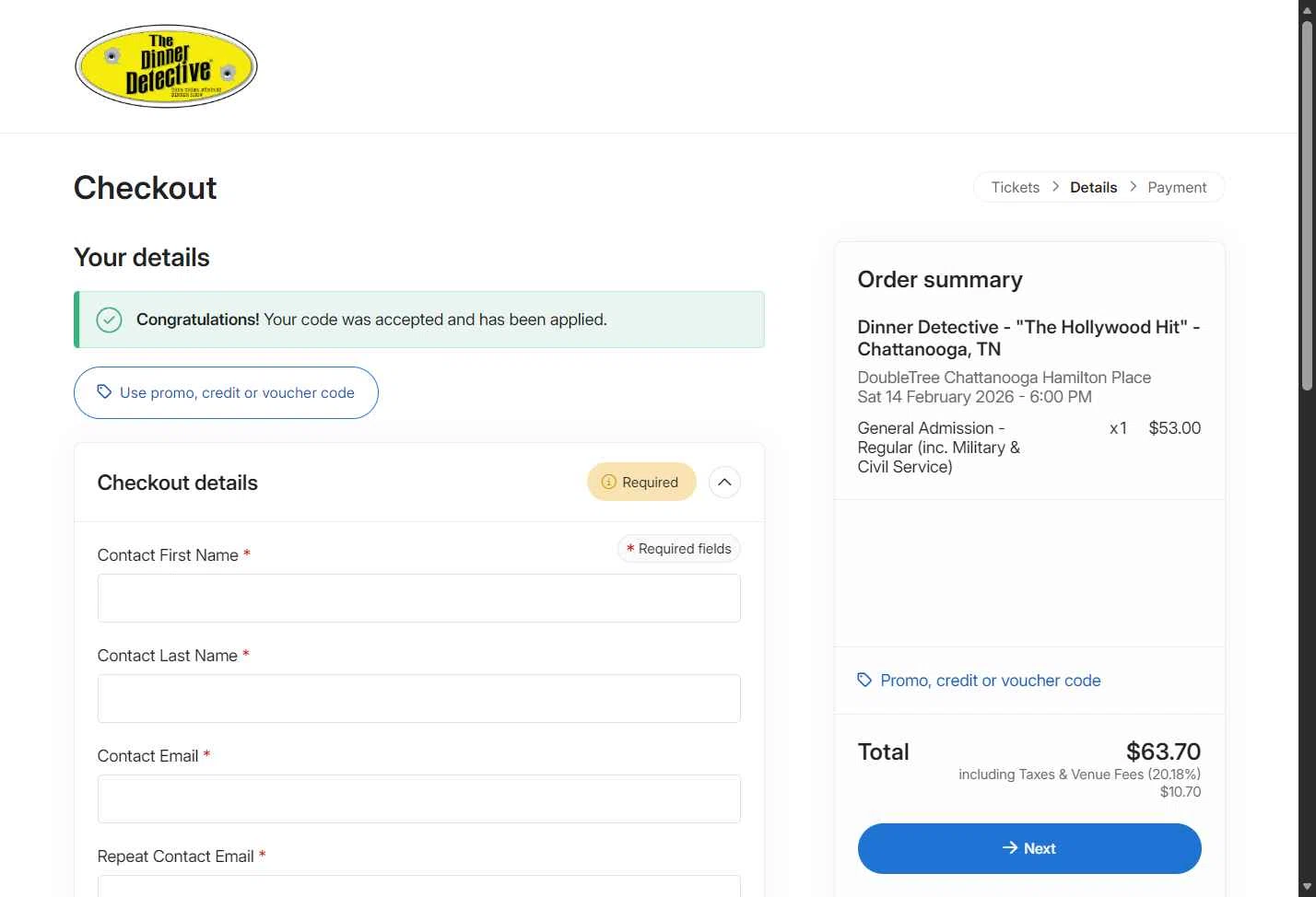 The Dinner Detective checkout page showing The Dinner Detective promo code box | Screenshot taken by SimplyCodes community member on Jan 16, 2026