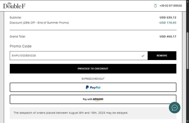 TheDoubleF checkout page showing TheDoubleF promo code box | Screenshot taken by SimplyCodes community member on Aug 13, 2025