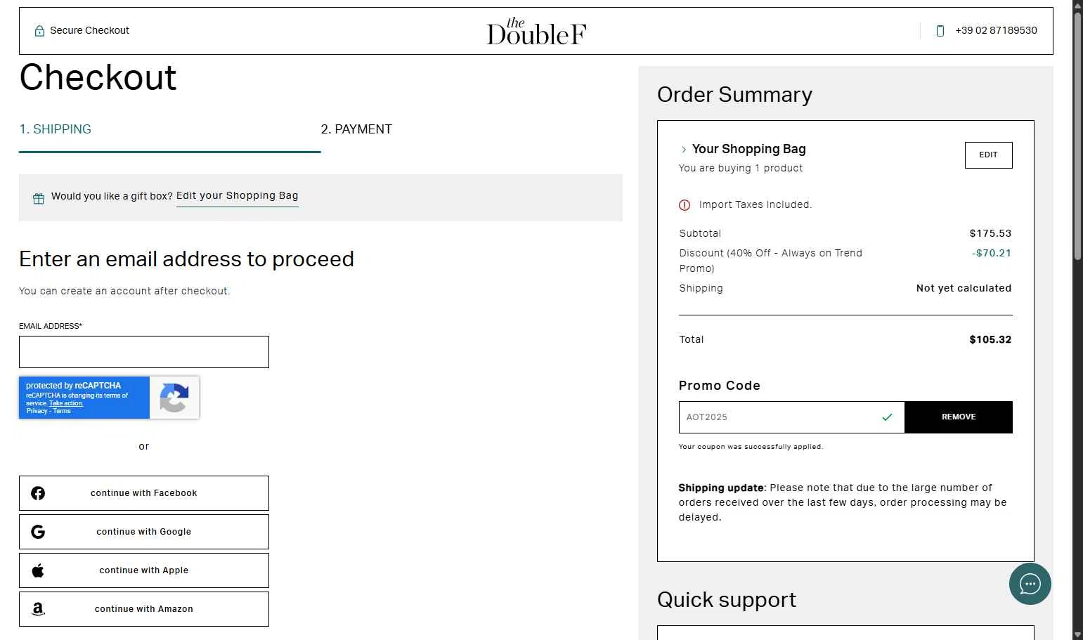 TheDoubleF checkout page showing TheDoubleF promo code box | Screenshot taken by SimplyCodes community member on Jan 10, 2026
