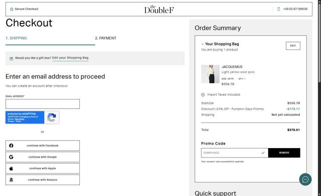 TheDoubleF checkout page showing TheDoubleF promo code box | Screenshot taken by SimplyCodes community member on Oct 6, 2025