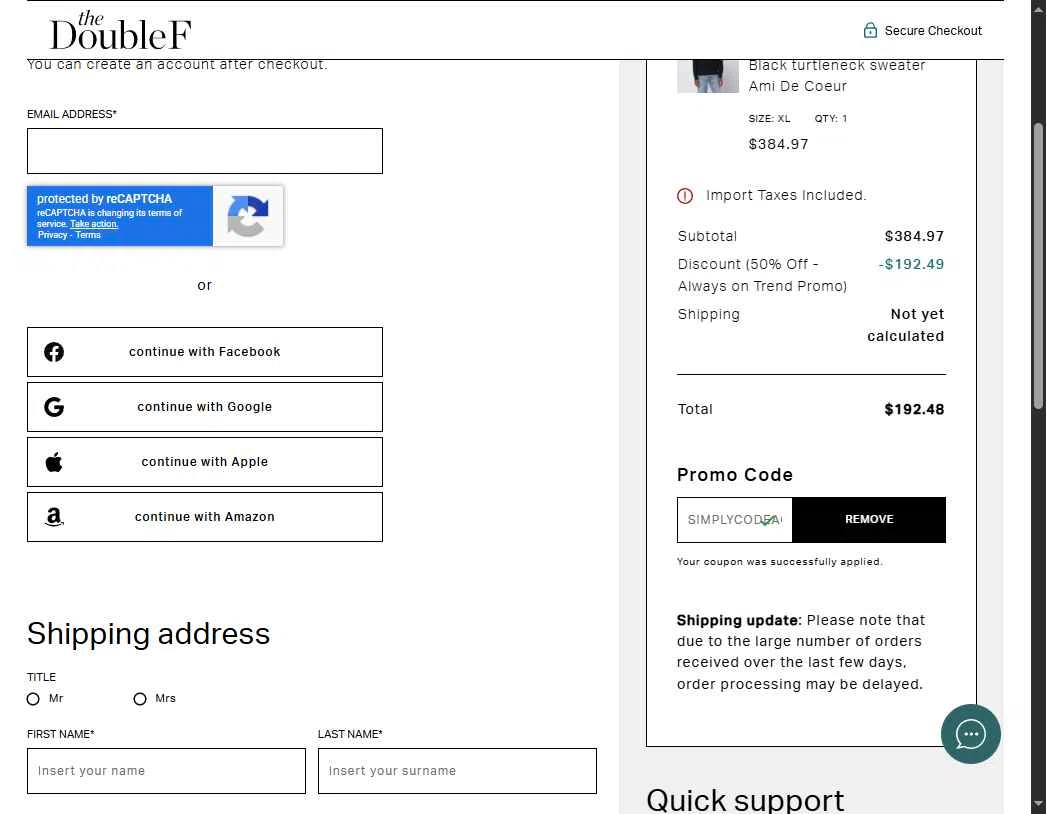TheDoubleF checkout page showing TheDoubleF promo code box | Screenshot taken by SimplyCodes community member on Feb 10, 2026