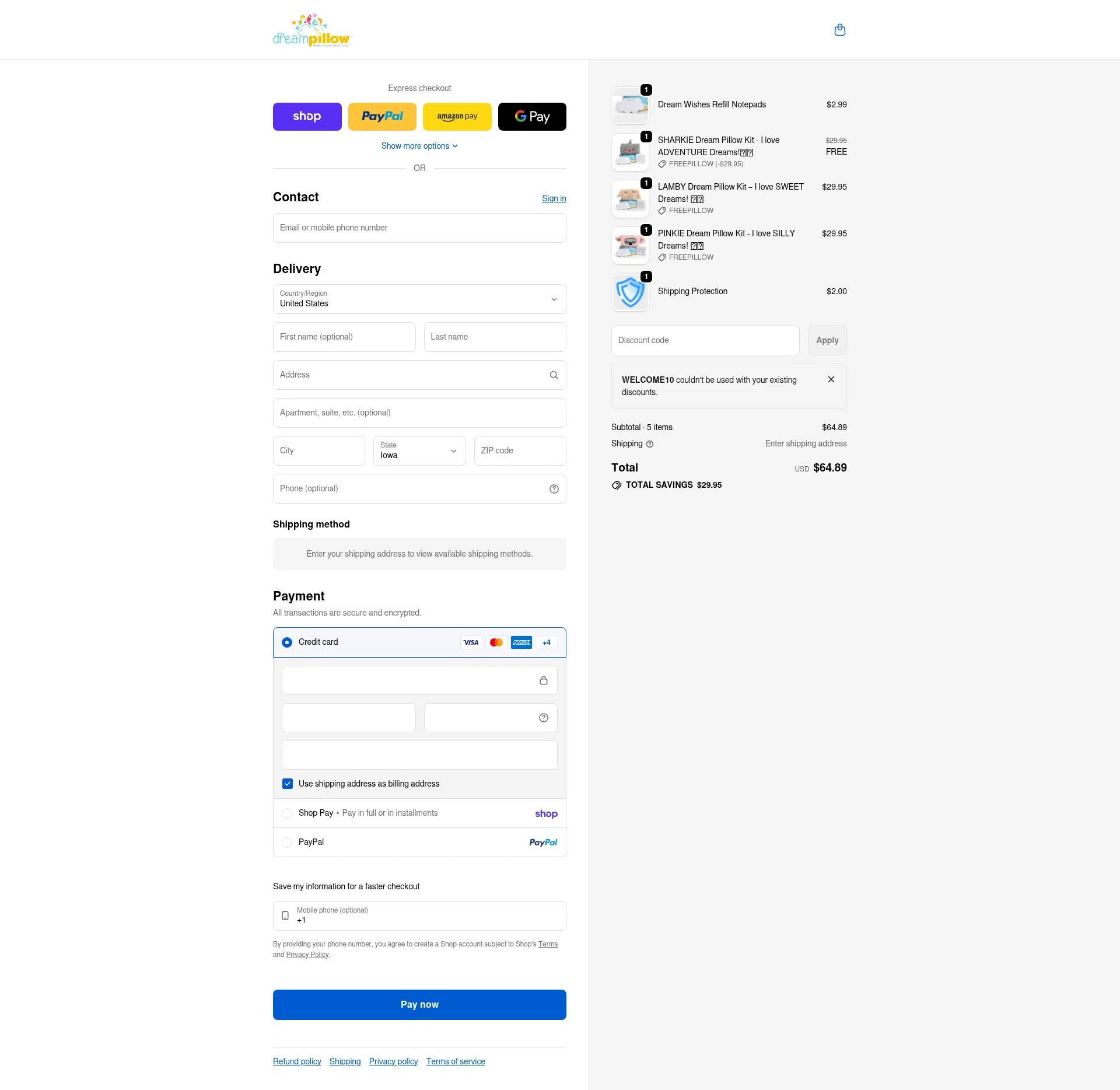 The Dream Pillow checkout page showing The Dream Pillow promo code box | Screenshot taken by SimplyCodes community member on Feb 1, 2026