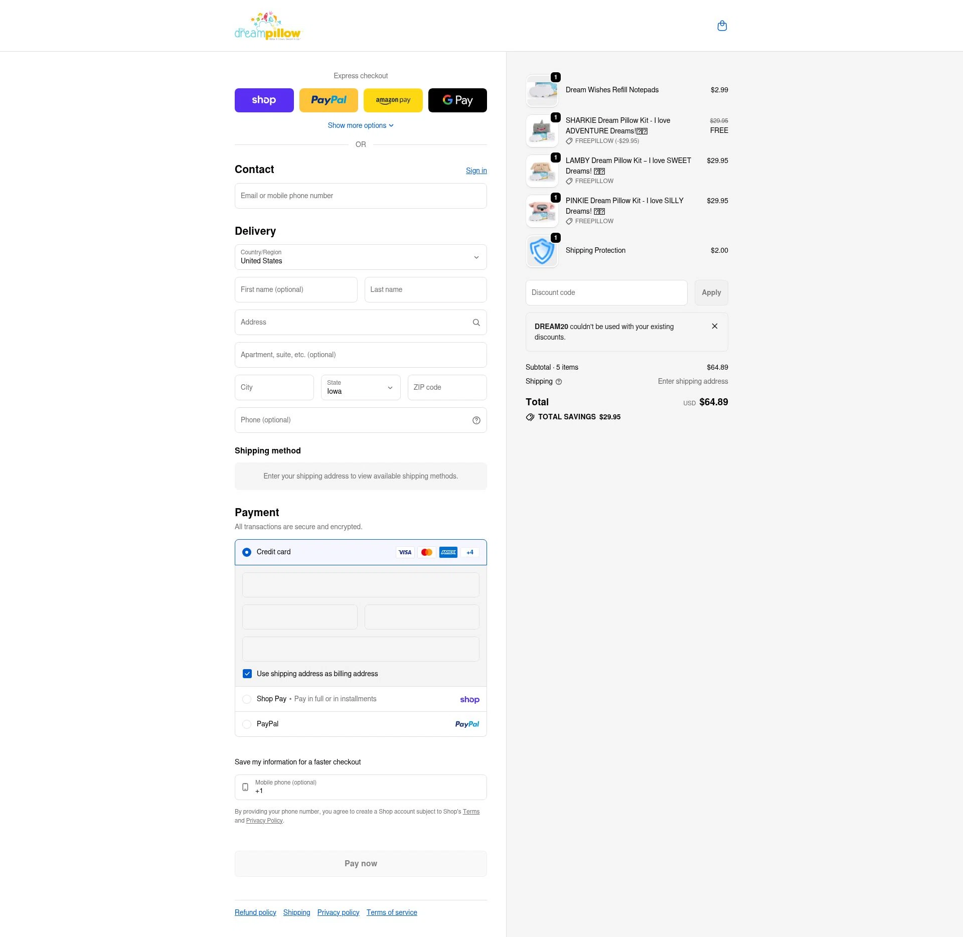 The Dream Pillow checkout page showing The Dream Pillow promo code box | Screenshot taken by SimplyCodes community member on Feb 1, 2026