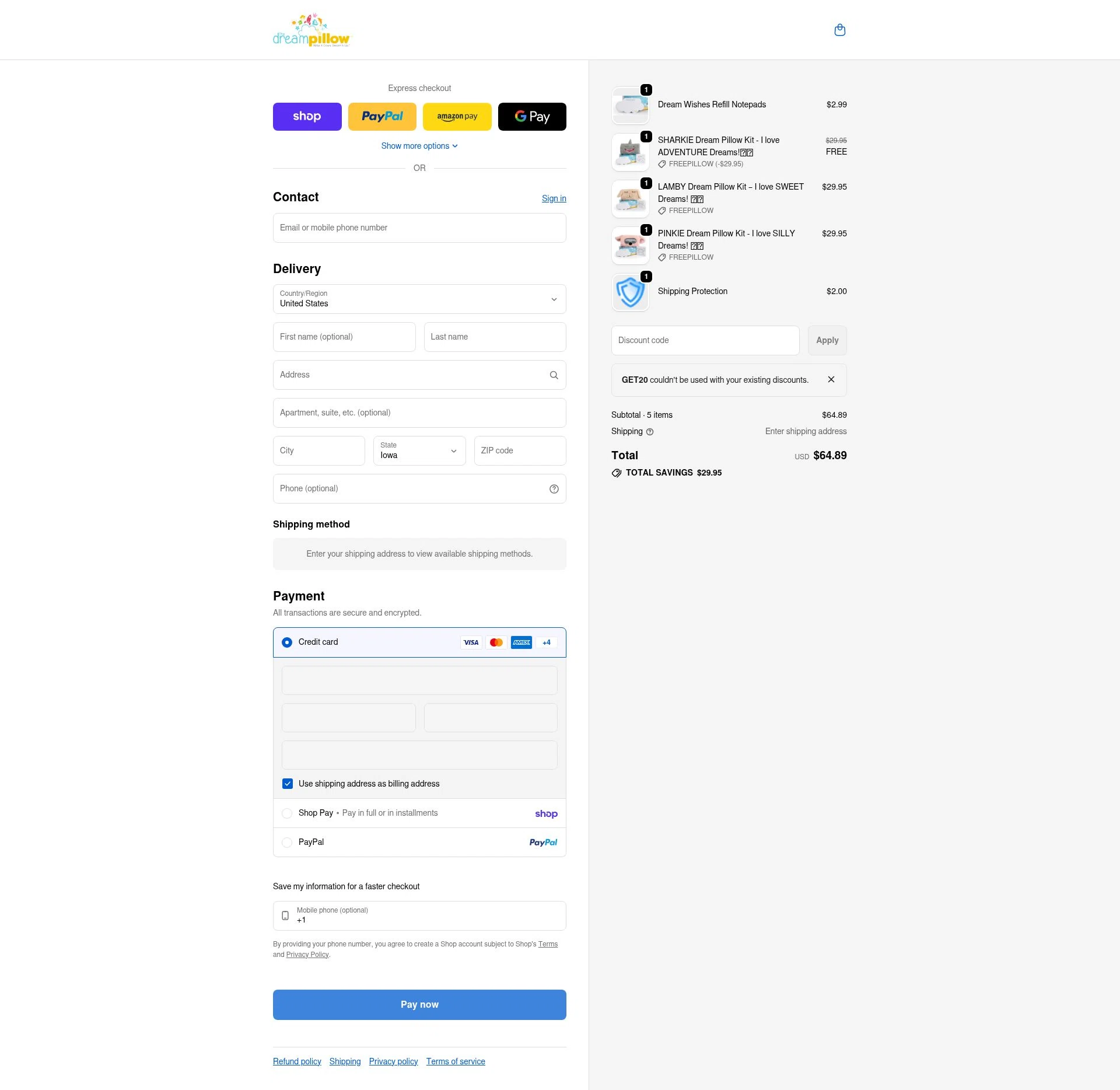 The Dream Pillow checkout page showing The Dream Pillow promo code box | Screenshot taken by SimplyCodes community member on Feb 1, 2026