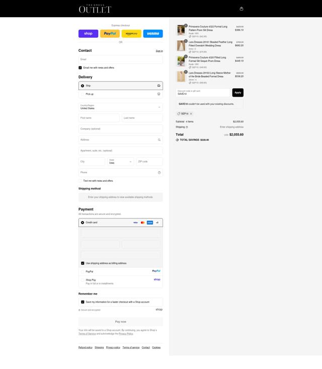The Dress Outlet checkout page showing The Dress Outlet discount code box | Screenshot taken by SimplyCodes community member on Sep 10, 2025