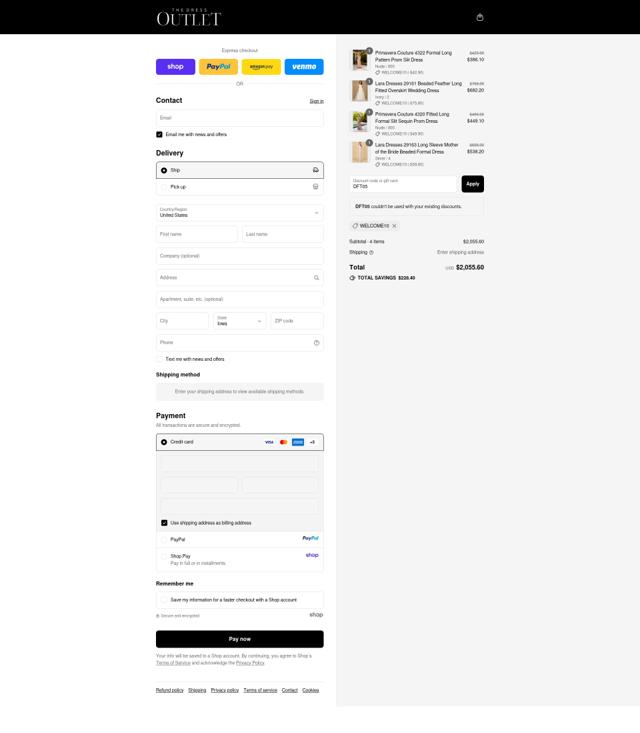 The Dress Outlet checkout page showing The Dress Outlet discount code box | Screenshot taken by SimplyCodes community member on Sep 10, 2025