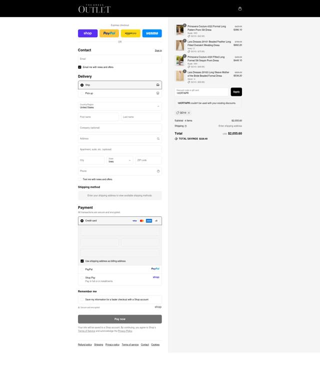 The Dress Outlet checkout page showing The Dress Outlet discount code box | Screenshot taken by SimplyCodes community member on Sep 10, 2025