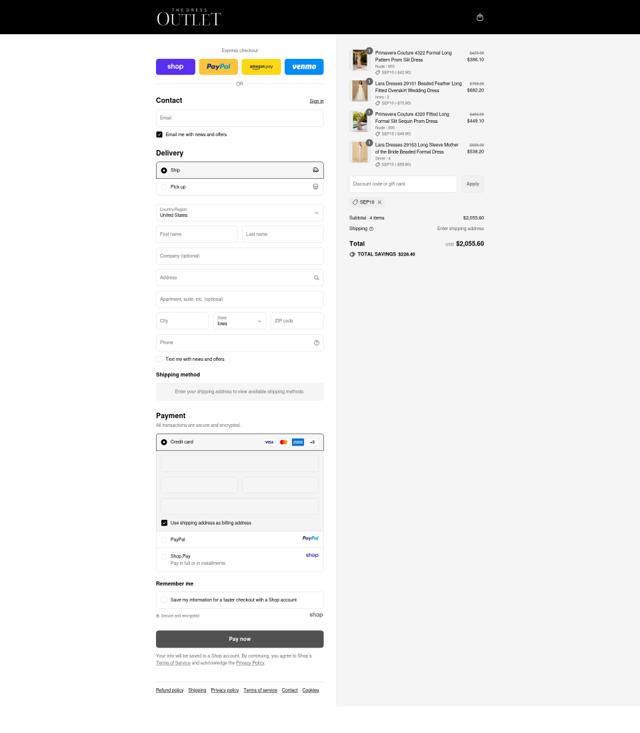 The Dress Outlet checkout page showing The Dress Outlet discount code box | Screenshot taken by SimplyCodes community member on Sep 10, 2025