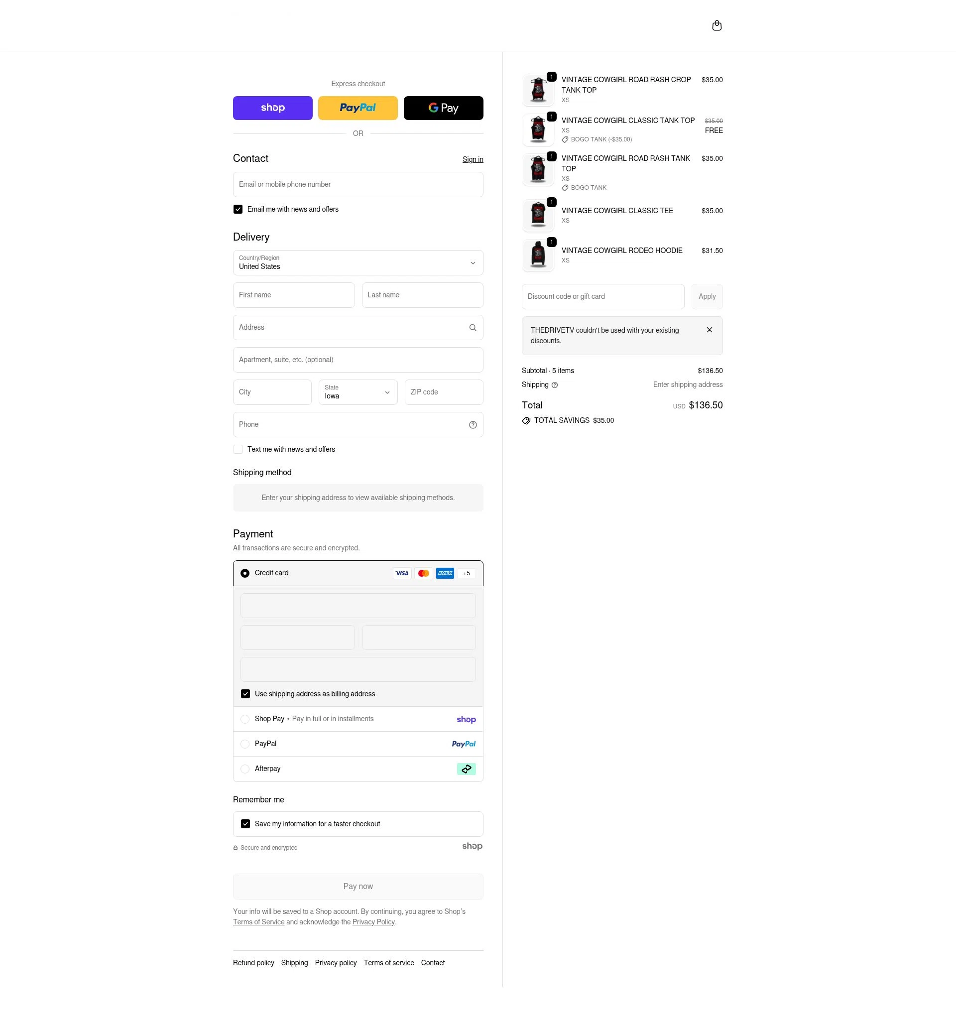 The Drive Clothing checkout page showing The Drive Clothing discount code box | Screenshot taken by SimplyCodes community member on Jan 28, 2026