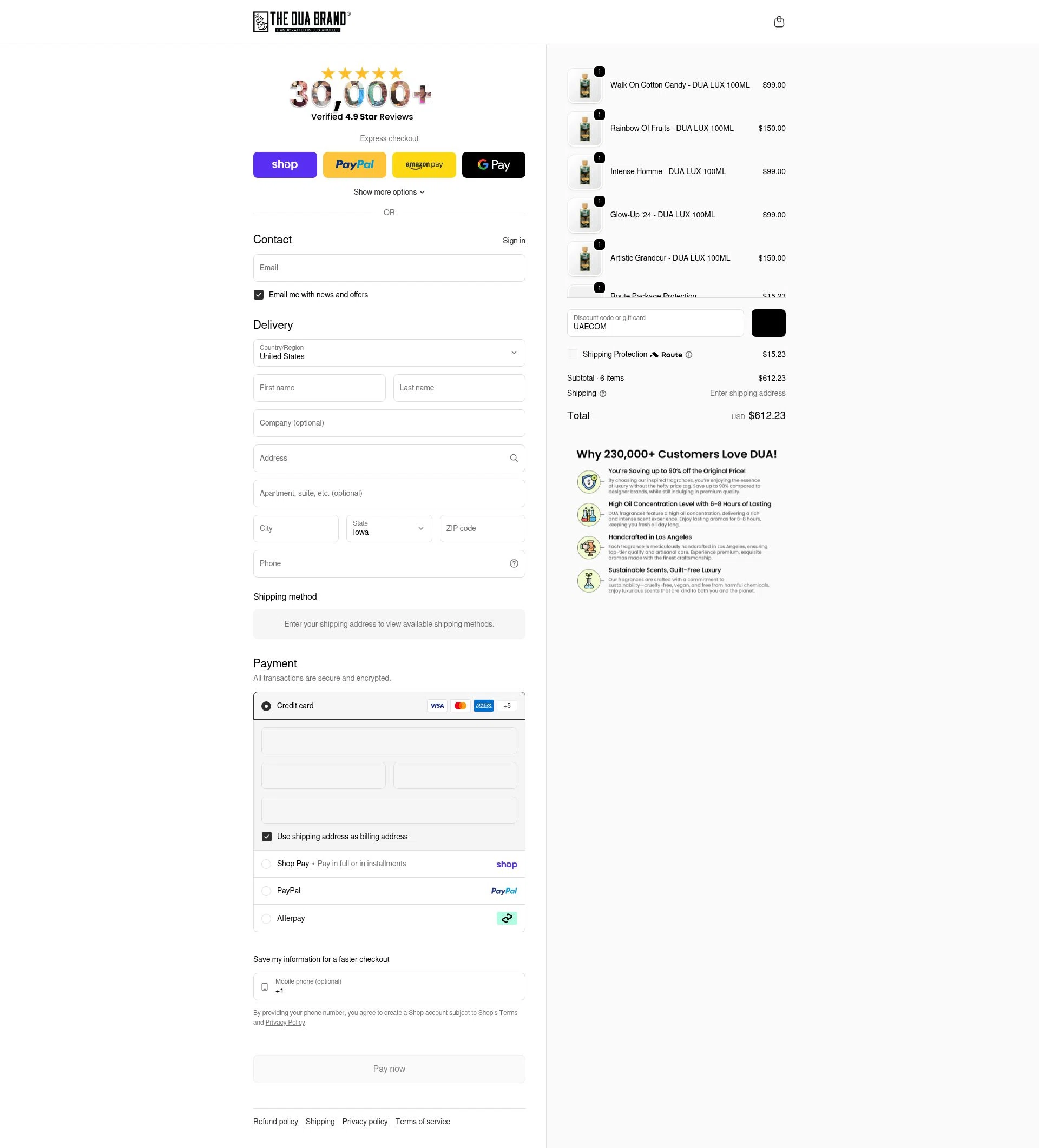 The Dua Brand checkout page showing The Dua Brand coupon code box | Screenshot taken by SimplyCodes community member on Feb 11, 2026
