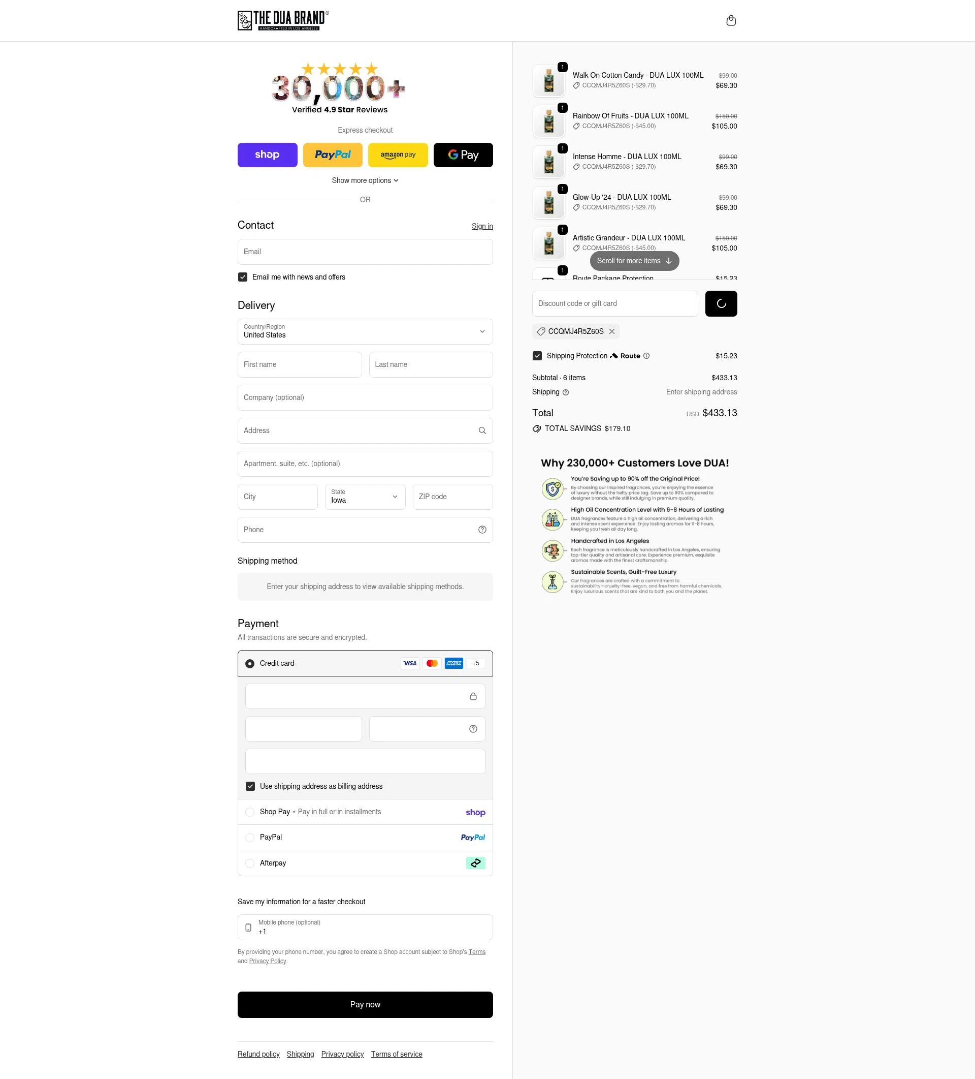 The Dua Brand checkout page showing The Dua Brand coupon code box | Screenshot taken by SimplyCodes community member on Feb 11, 2026