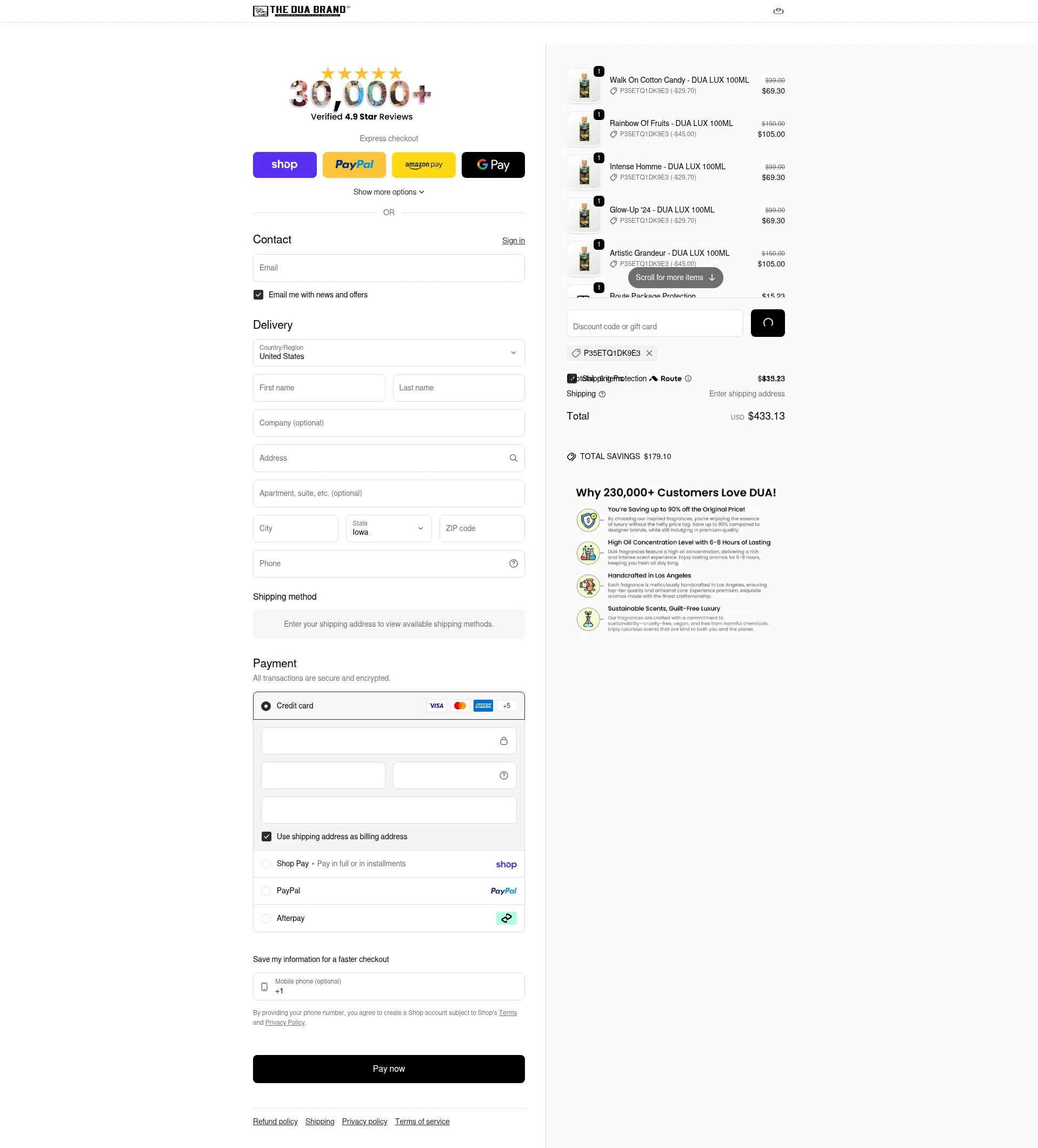 The Dua Brand checkout page showing The Dua Brand coupon code box | Screenshot taken by SimplyCodes community member on Feb 11, 2026