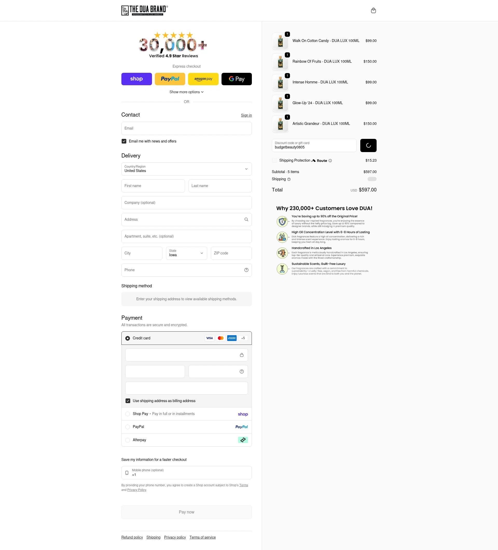 The Dua Brand checkout page showing The Dua Brand coupon code box | Screenshot taken by SimplyCodes community member on Feb 11, 2026