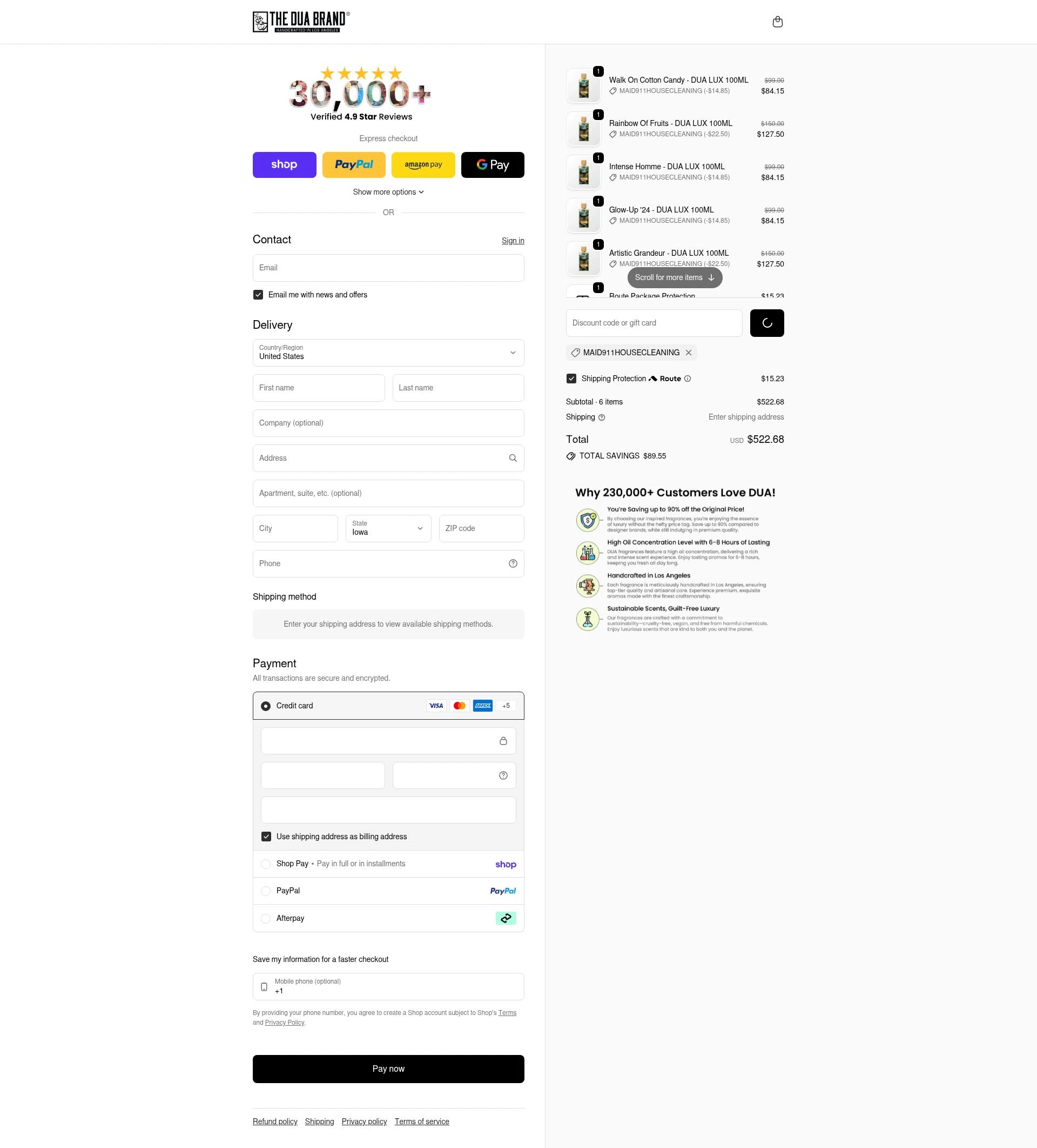 The Dua Brand checkout page showing The Dua Brand coupon code box | Screenshot taken by SimplyCodes community member on Feb 11, 2026
