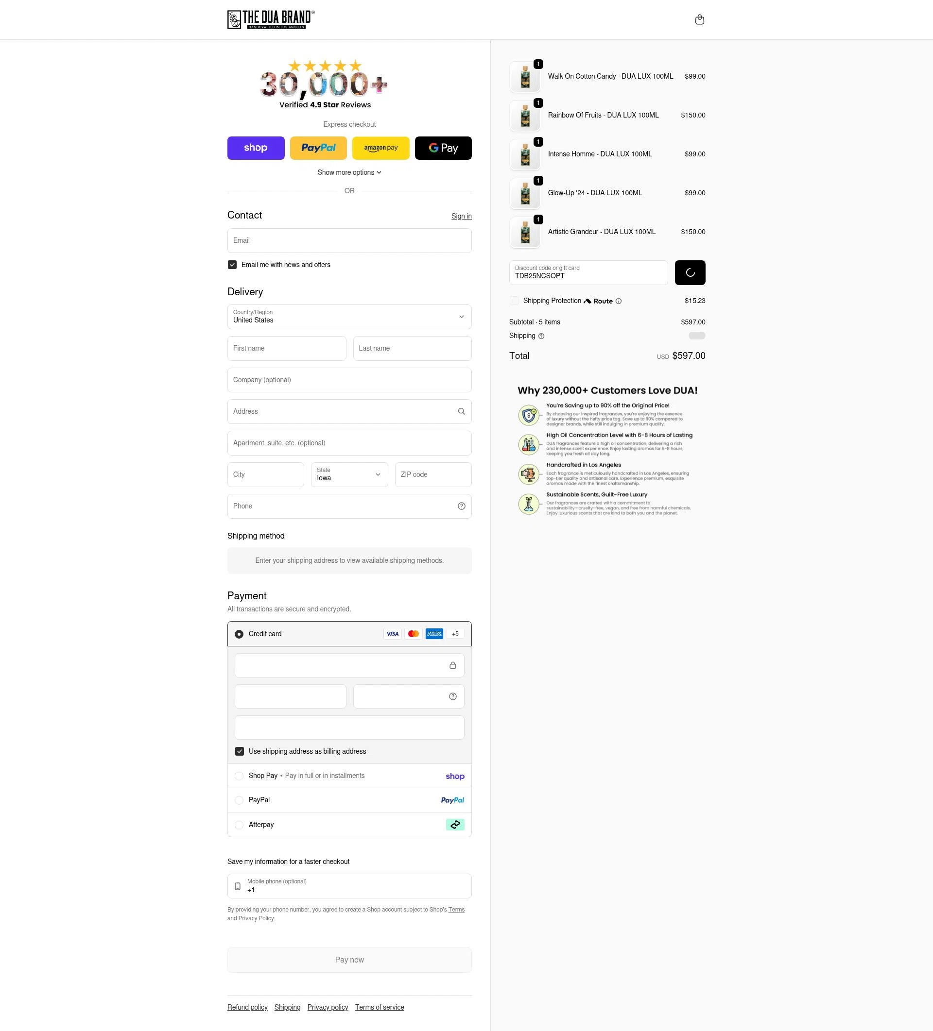 The Dua Brand checkout page showing The Dua Brand coupon code box | Screenshot taken by SimplyCodes community member on Feb 12, 2026