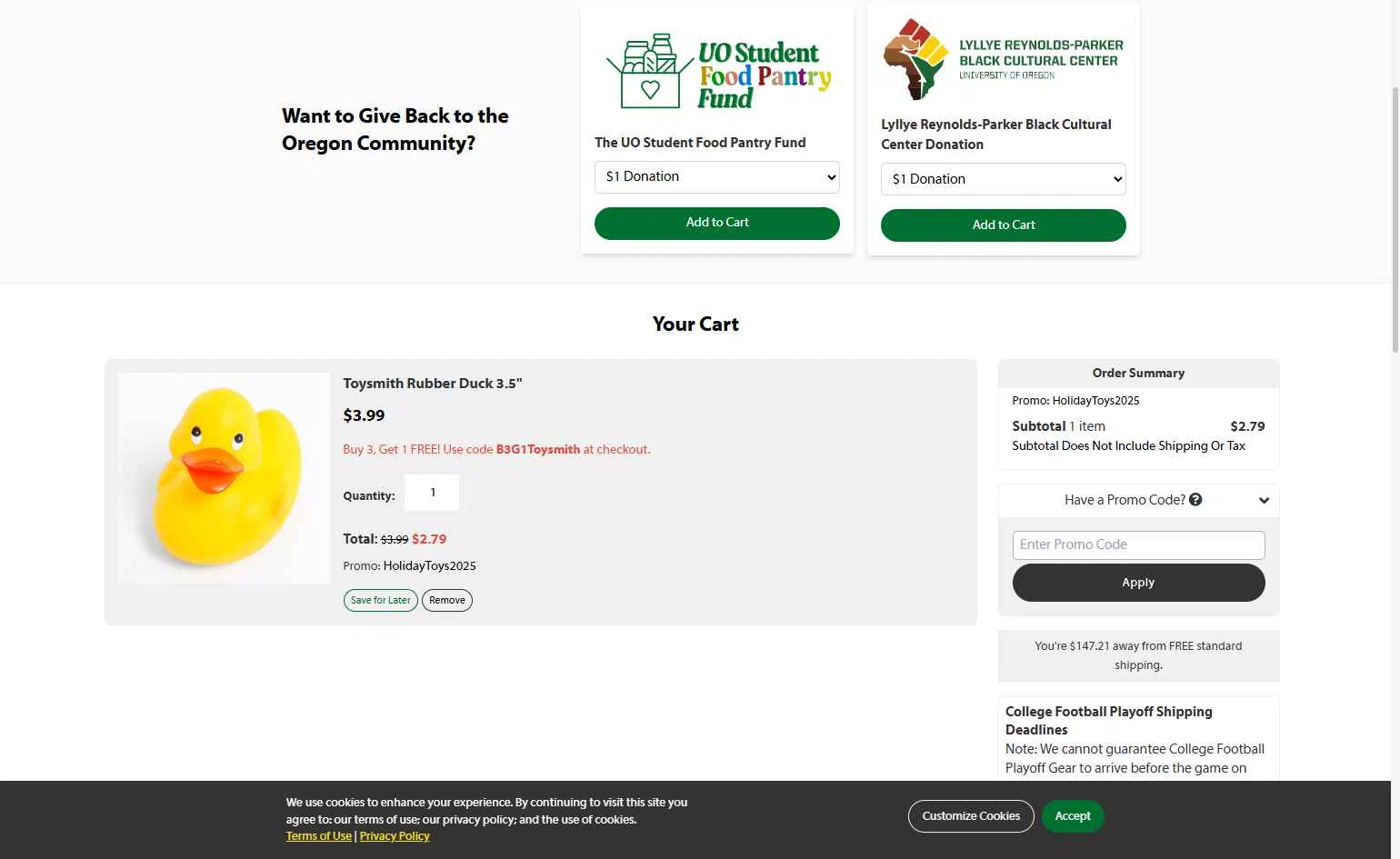The Duck Store checkout page showing The Duck Store promo code box | Screenshot taken by SimplyCodes community member on Dec 14, 2025